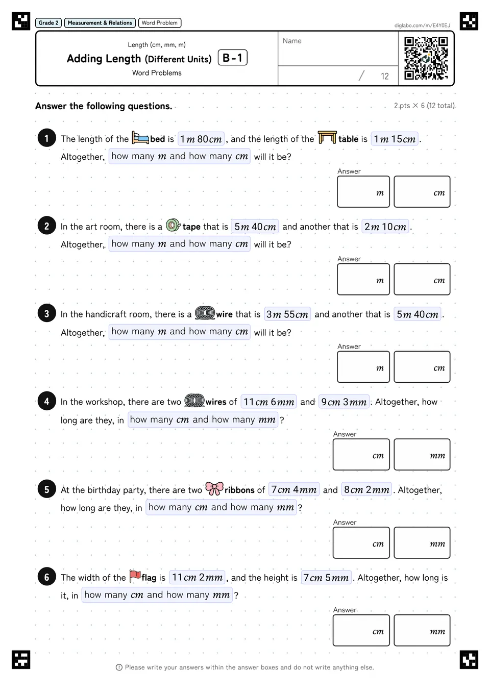 Grade 2 (Elementary School) Length (cm, mm, m) Adding Length (Different Units)