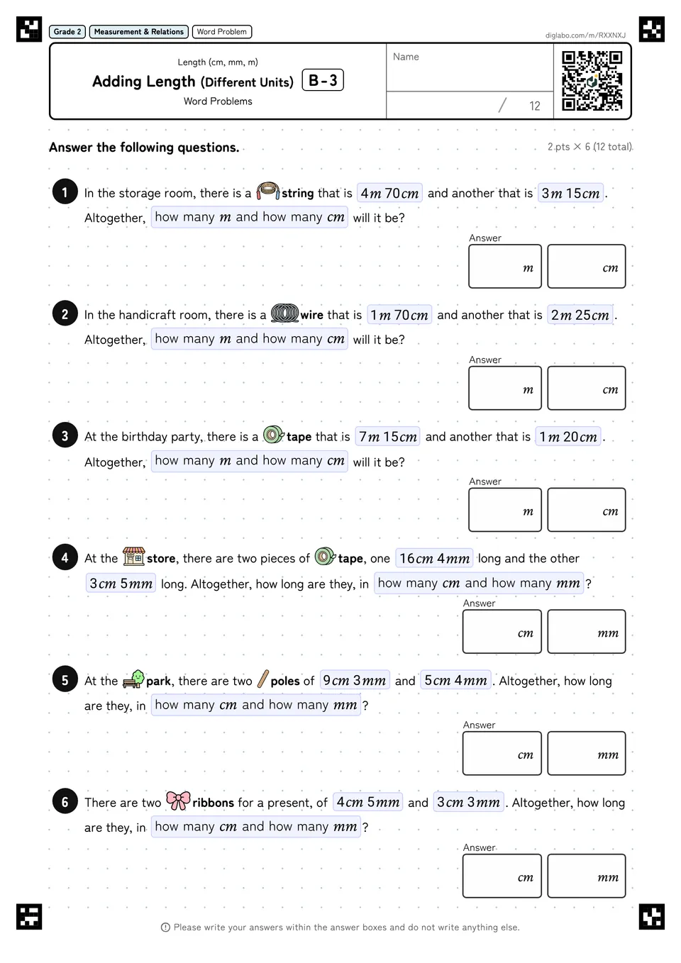Grade 2 (Elementary School) Length (cm, mm, m) Adding Length (Different Units)