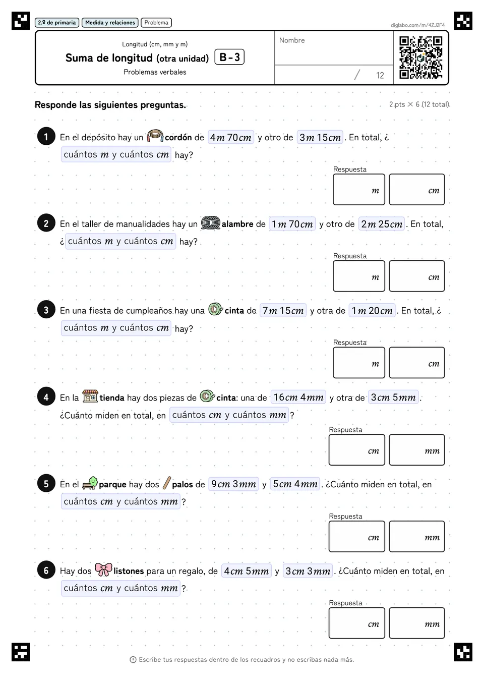 2.º de primaria Longitud (cm, mm y m) Suma de longitud (otra unidad)