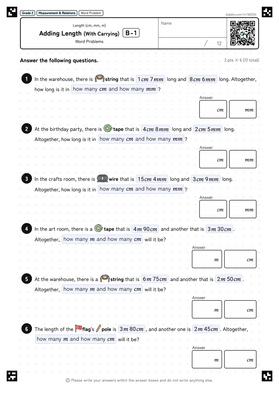 Grade 2 (Elementary School) Length (cm, mm, m) Adding Length (With Carrying)