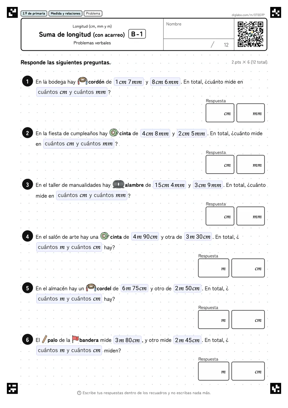 2.º de primaria Longitud (cm, mm y m) Suma de longitud (con acarreo)