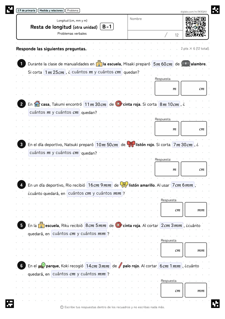 2.º de primaria Longitud (cm, mm y m) Resta de longitud (otra unidad)