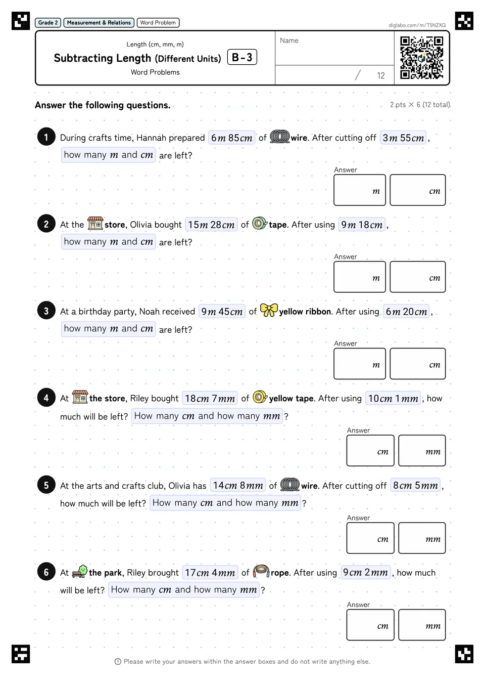Grade 2 (Elementary School) Length (cm, mm, m) Subtracting Length (Different Units)