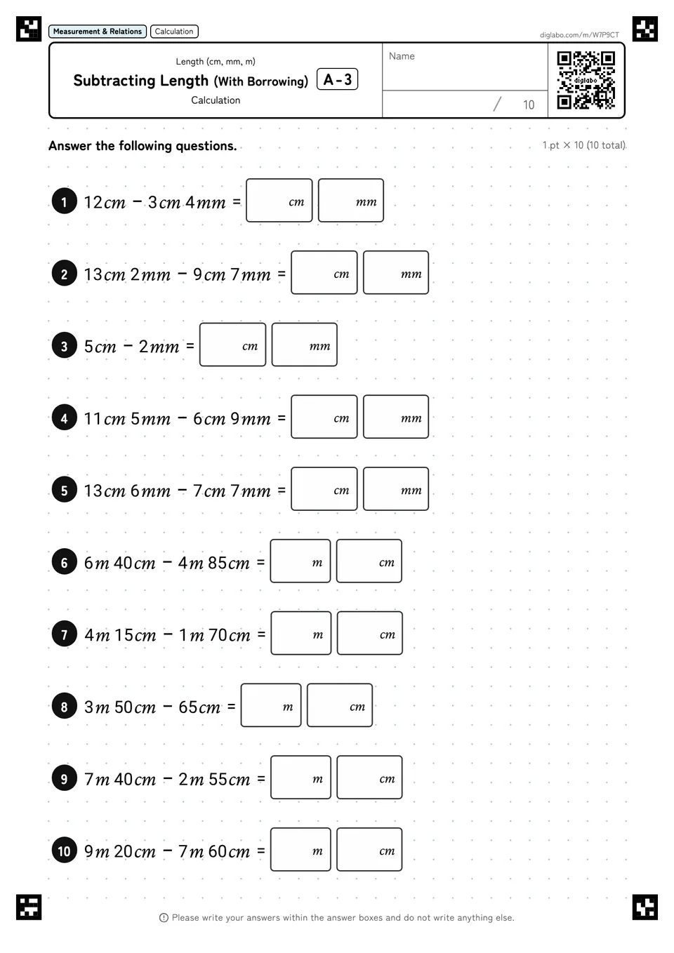 Subtracting Length (With Borrowing) A-3