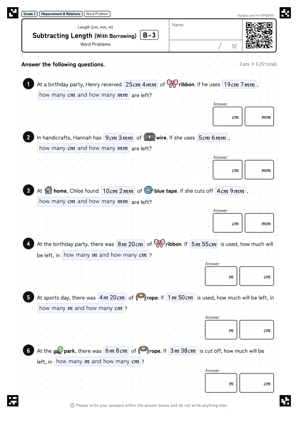 Grade 2 (Elementary School) Length (cm, mm, m) Subtracting Length (With Borrowing)