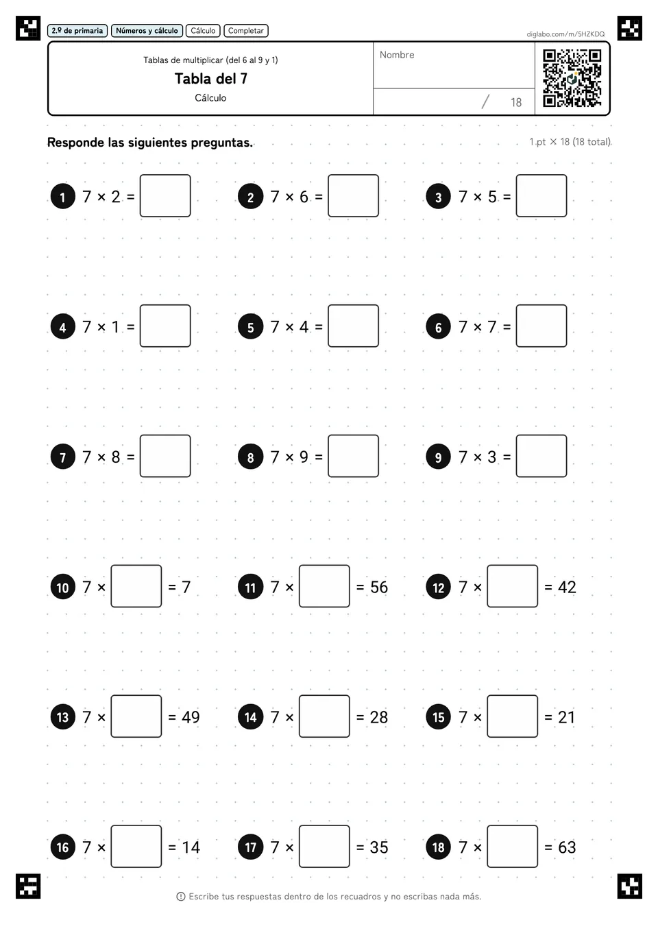 2.º de primaria Tablas de multiplicar (del 6 al 9 y 1) Tabla del 7