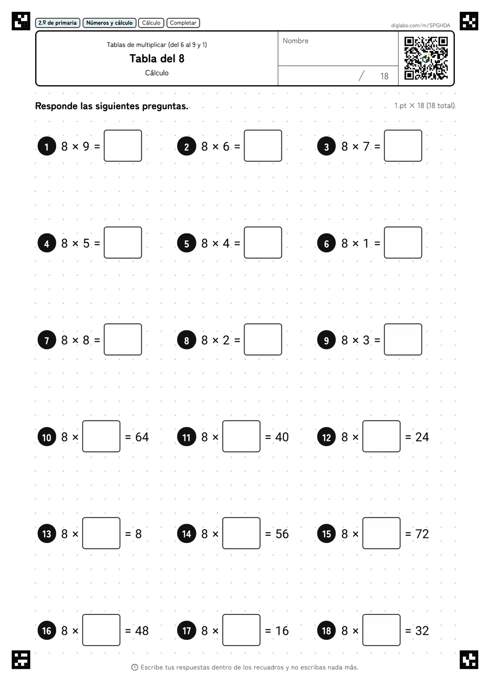2.º de primaria Tablas de multiplicar (del 6 al 9 y 1) Tabla del 8
