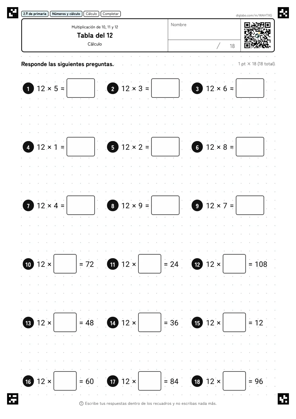 2.º de primaria Multiplicación de 10, 11 y 12 Tabla del 12