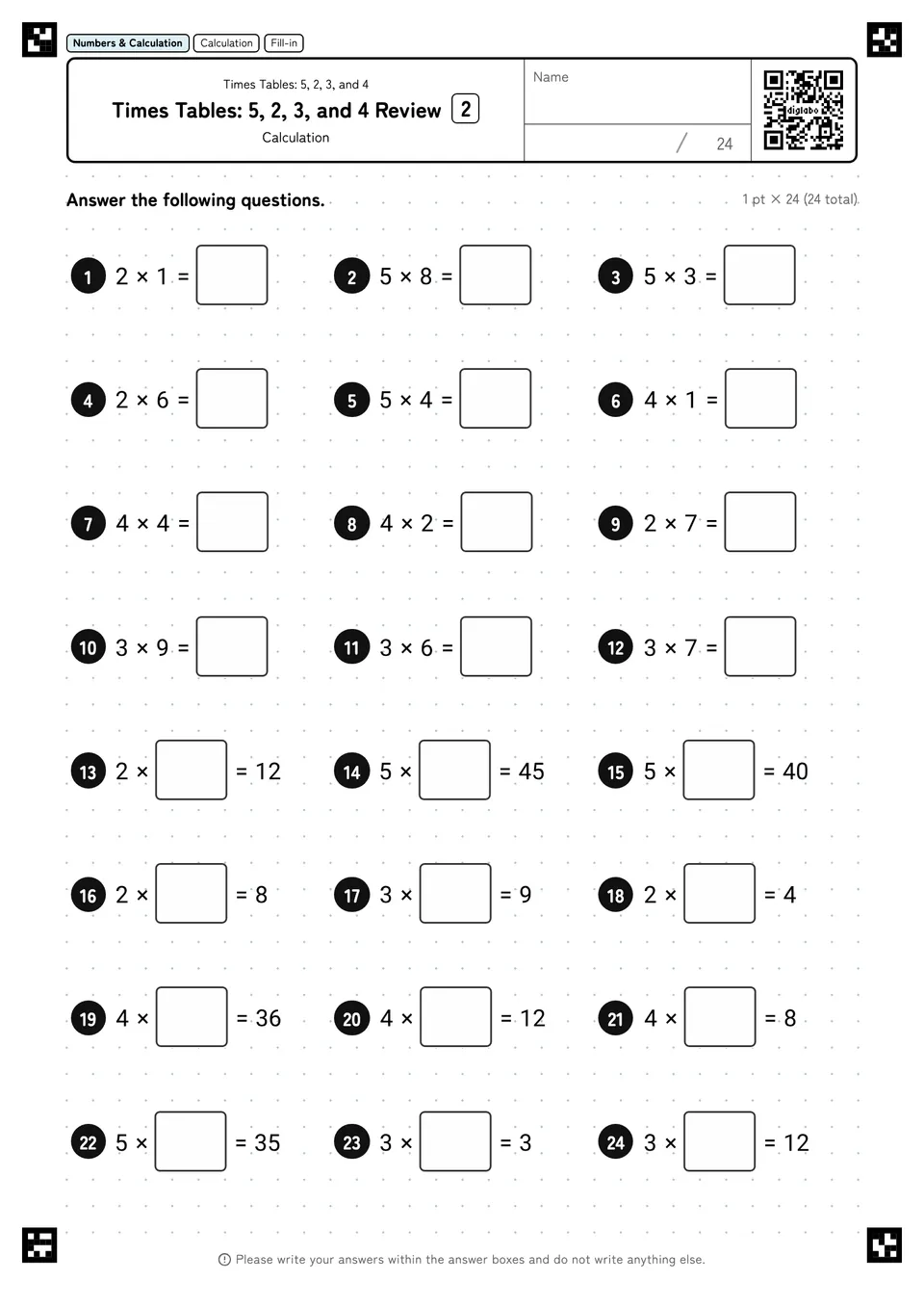 Times Tables: 5, 2, 3, and 4 Review 2