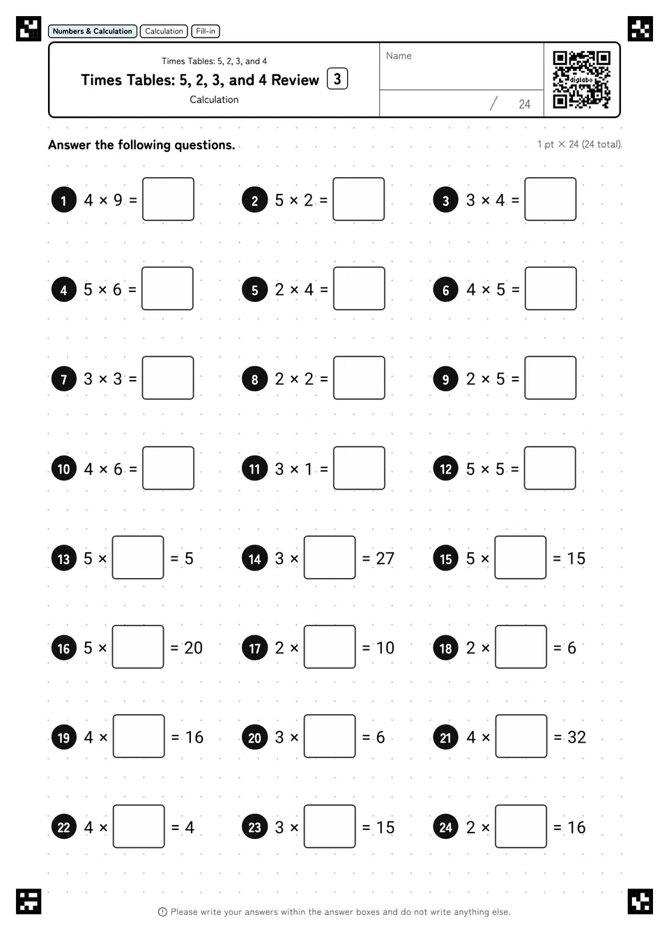 Times Tables: 5, 2, 3, and 4 Review 3