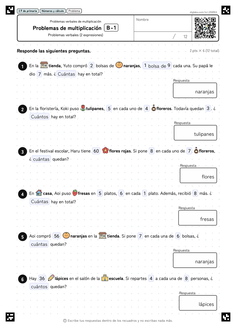 2.º de primaria Problemas verbales de multiplicación Problemas de multiplicación