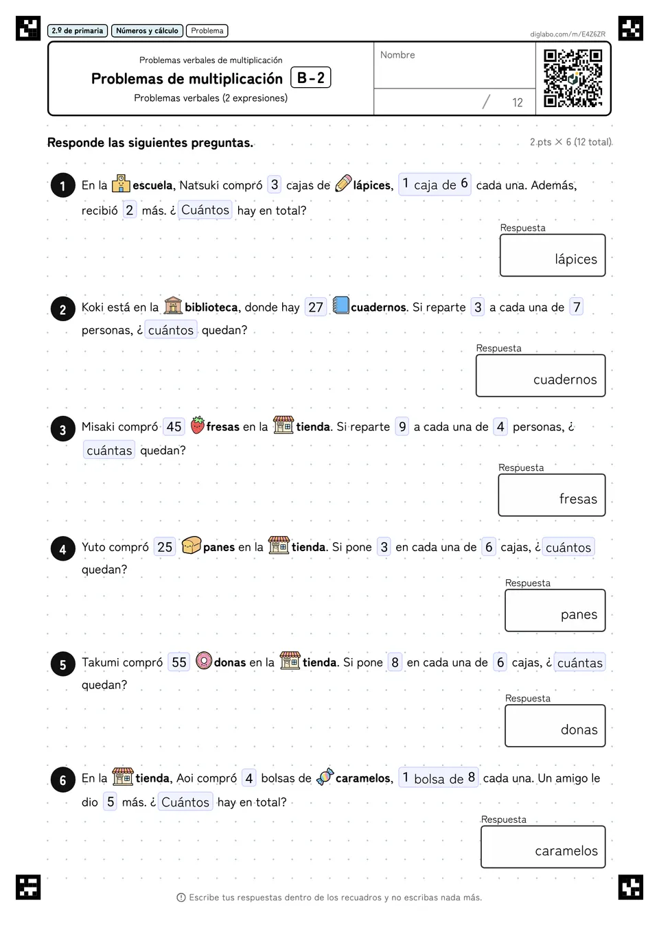 2.º de primaria Problemas verbales de multiplicación Problemas de multiplicación