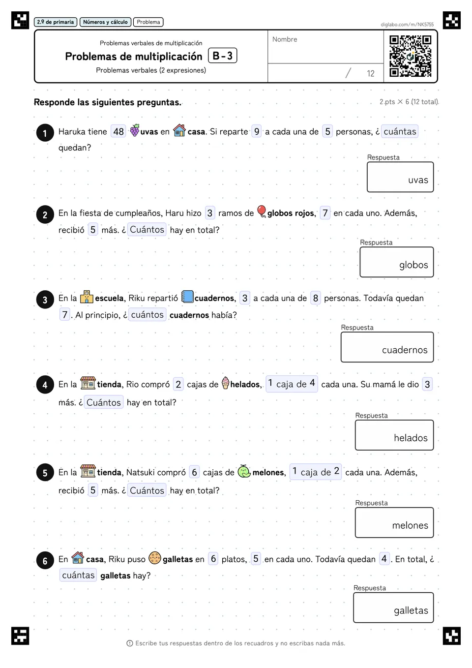 2.º de primaria Problemas verbales de multiplicación Problemas de multiplicación