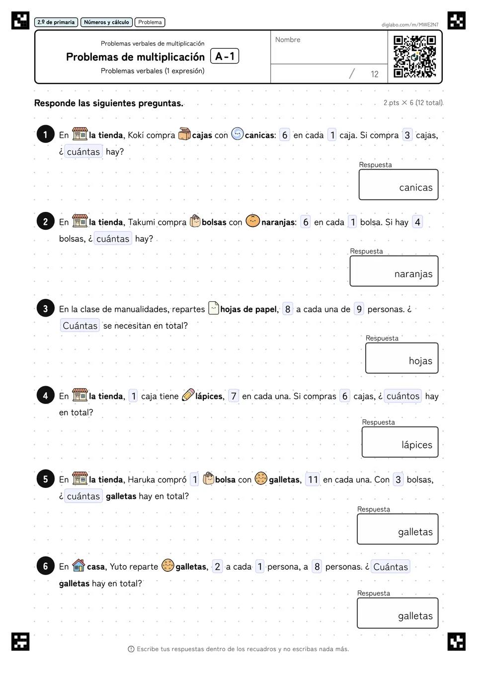 2.º de primaria Problemas verbales de multiplicación Problemas de multiplicación