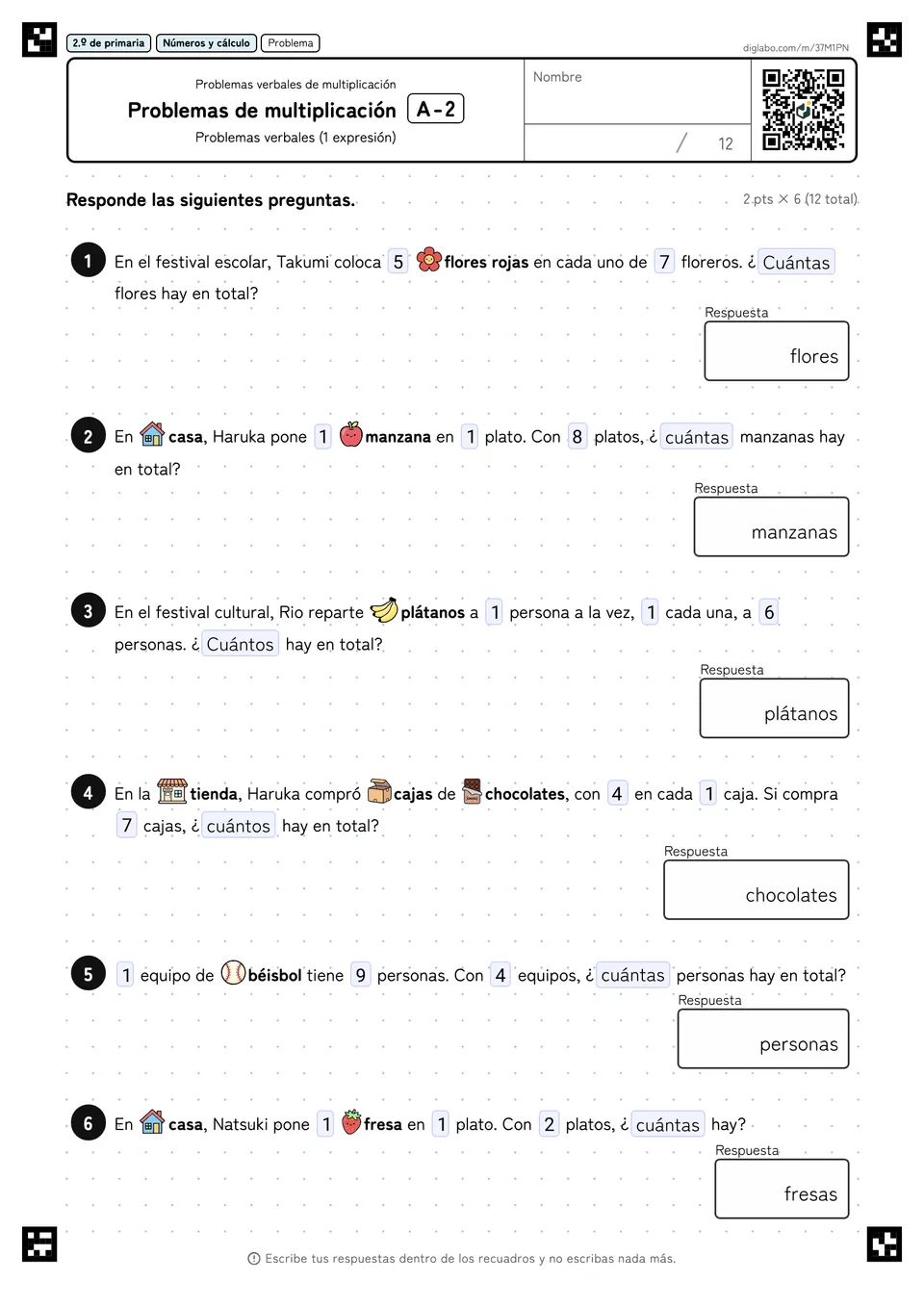 2.º de primaria Problemas verbales de multiplicación Problemas de multiplicación