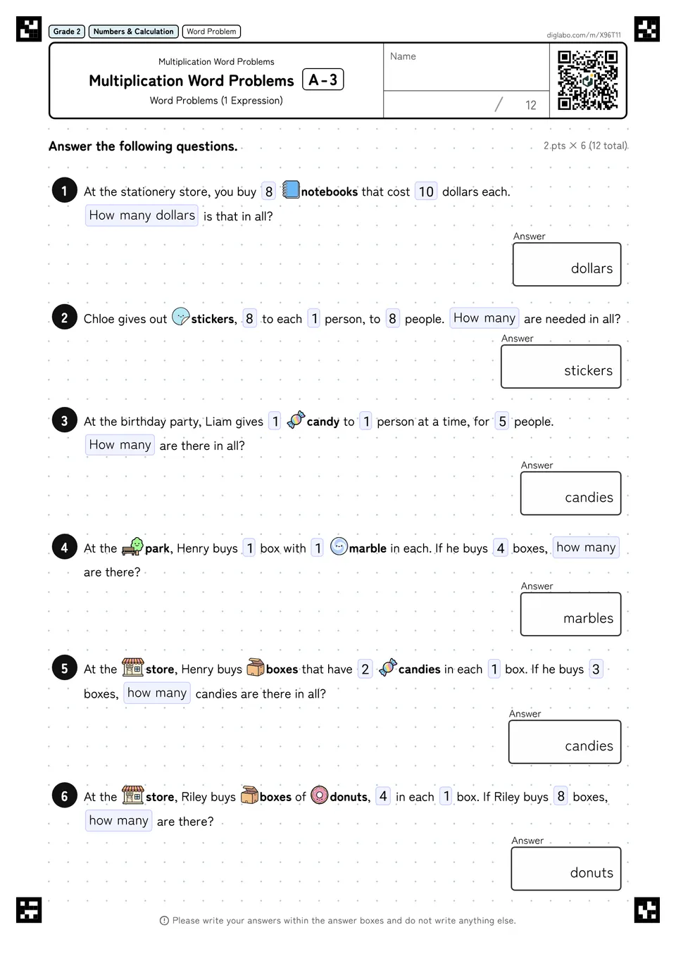 Grade 2 (Elementary School) Multiplication Word Problems Multiplication Word Problems