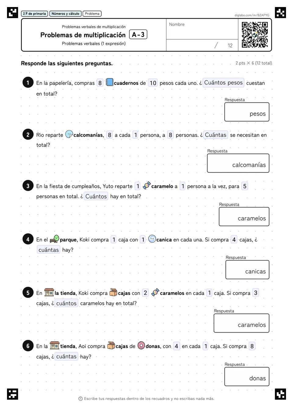 2.º de primaria Problemas verbales de multiplicación Problemas de multiplicación