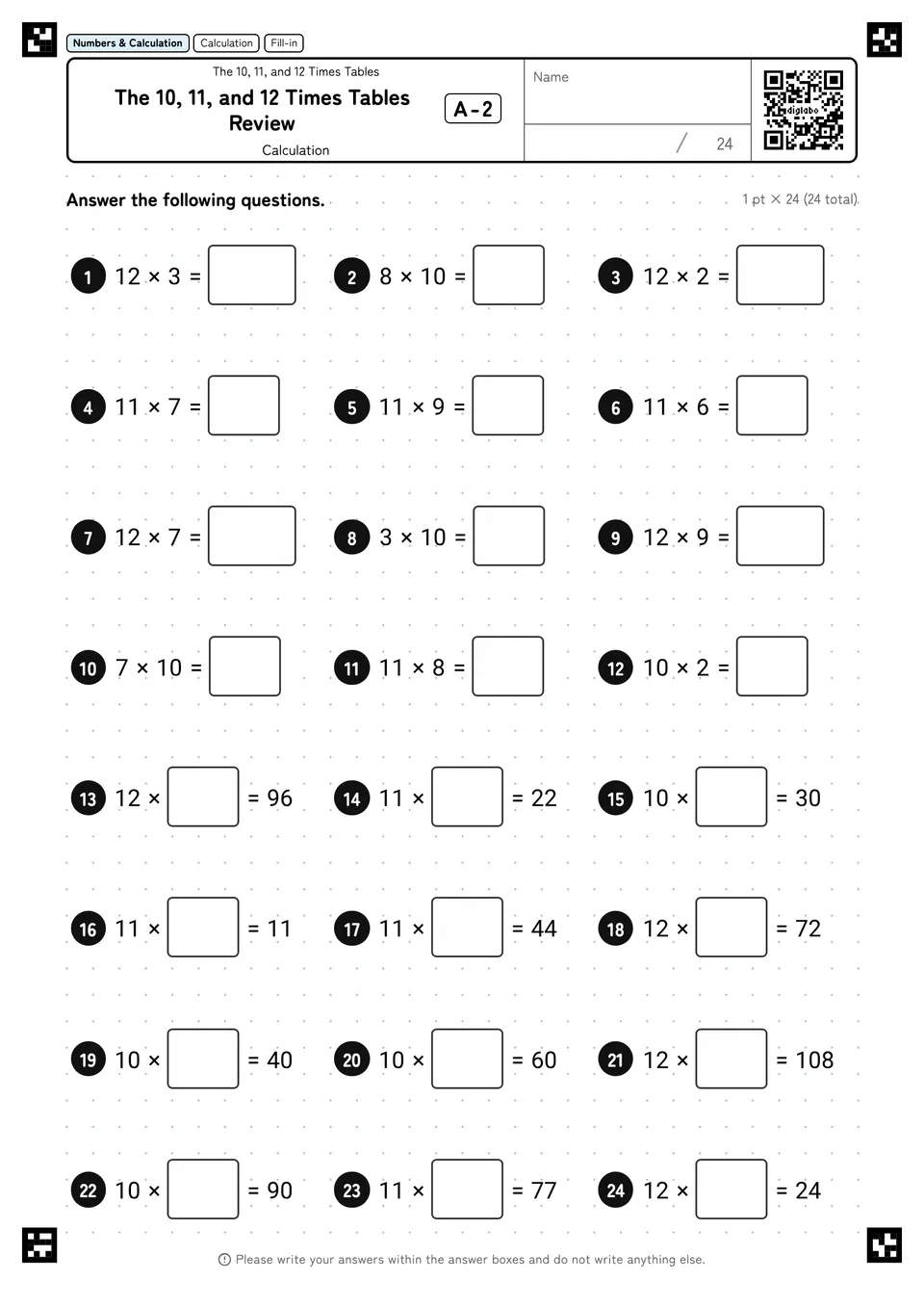 The 10, 11, and 12 Times Tables Review A-2