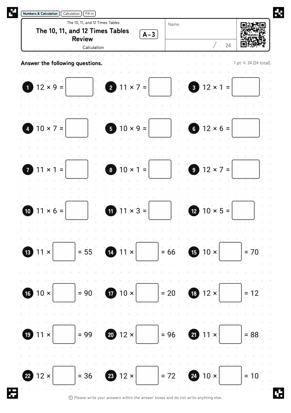 The 10, 11, and 12 Times Tables Review A-3
