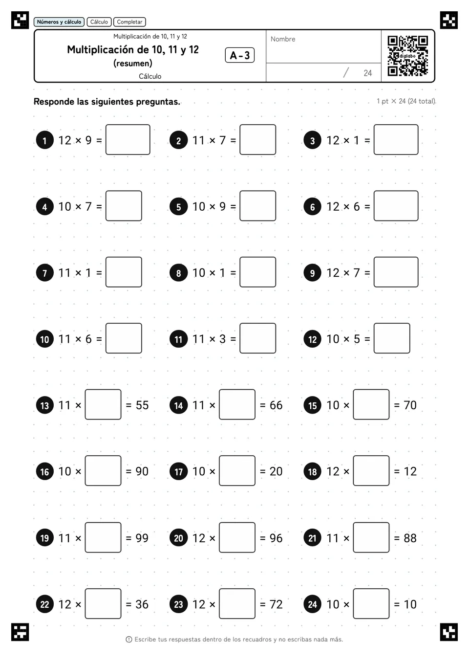 Multiplicación de 10, 11 y 12 (resumen) A-3