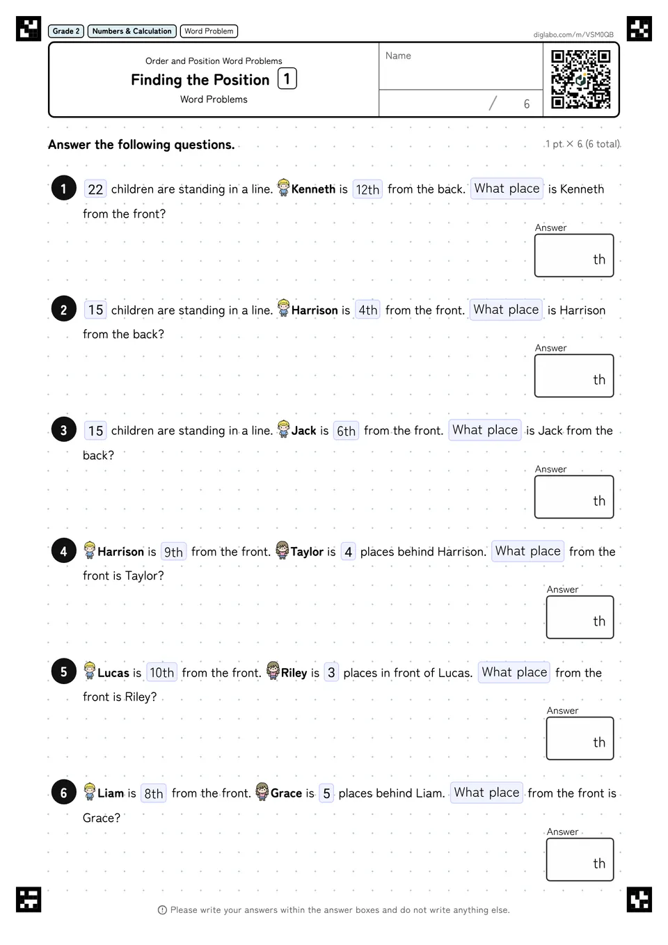 Grade 2 (Elementary School) Order and Position Word Problems Finding the Position
