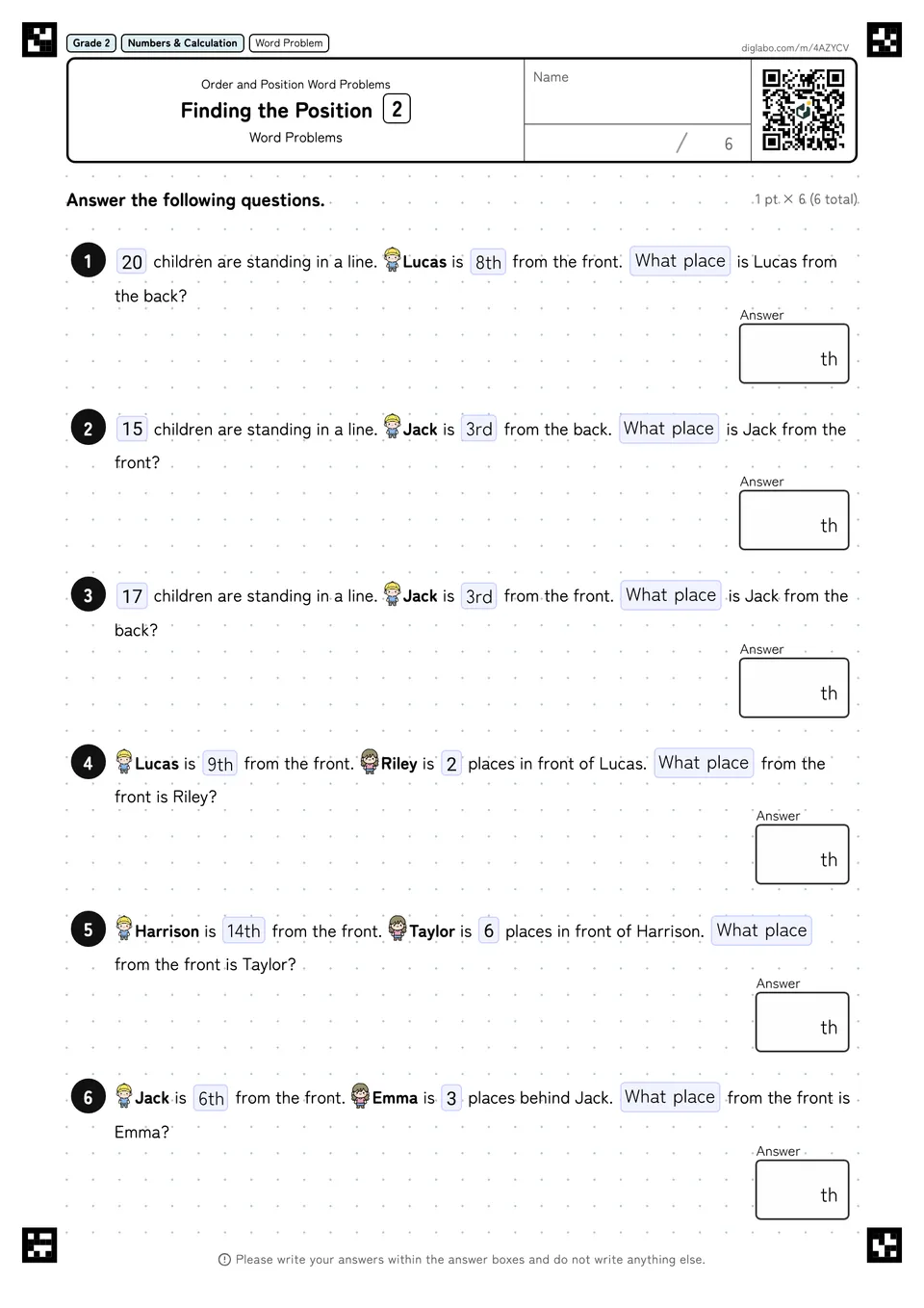 Grade 2 (Elementary School) Order and Position Word Problems Finding the Position