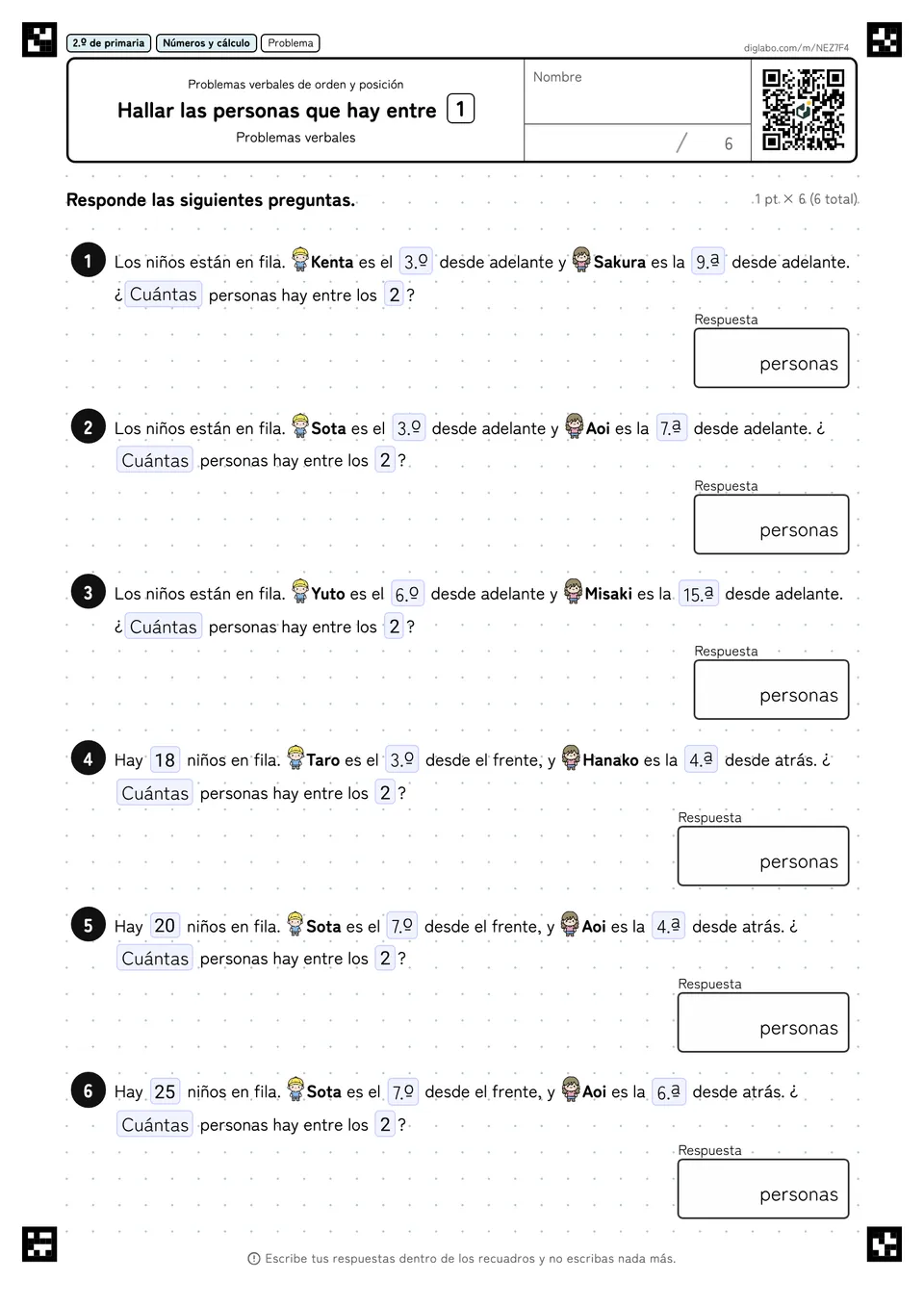 2.º de primaria Problemas verbales de orden y posición Hallar las personas que hay entre
