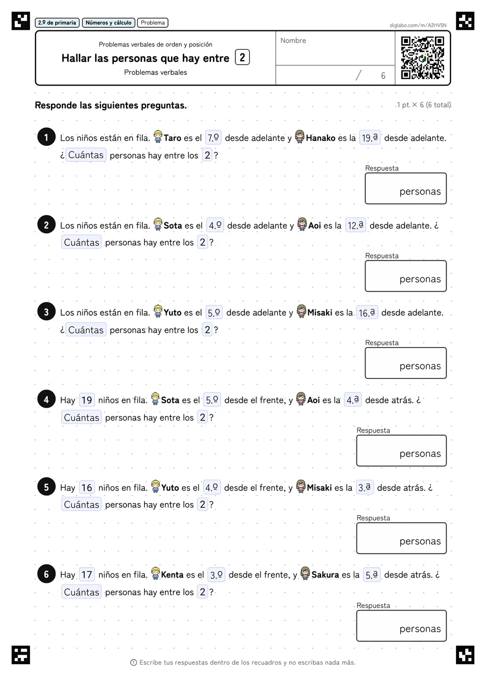 2.º de primaria Problemas verbales de orden y posición Hallar las personas que hay entre