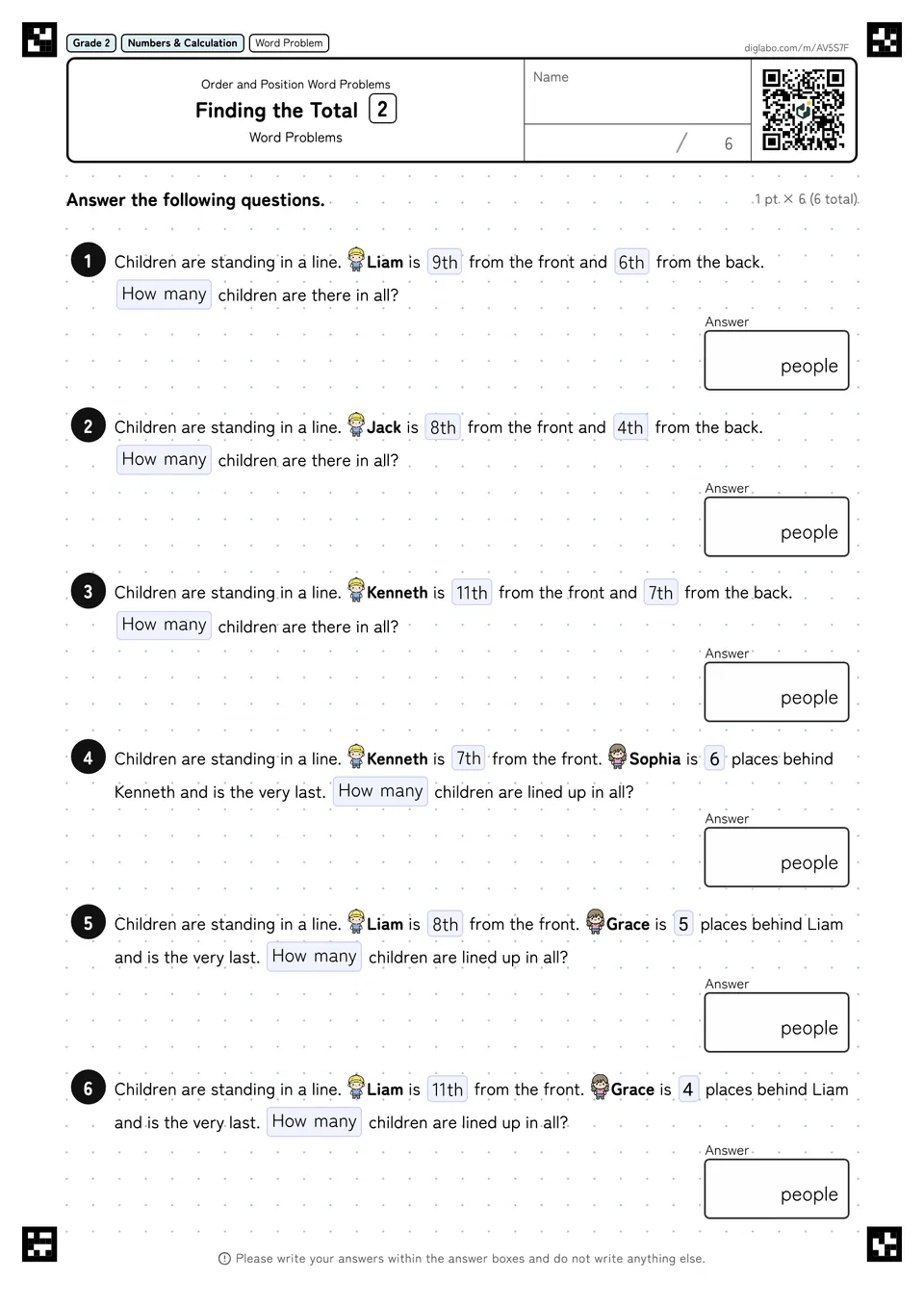 Grade 2 (Elementary School) Order and Position Word Problems Finding the Total