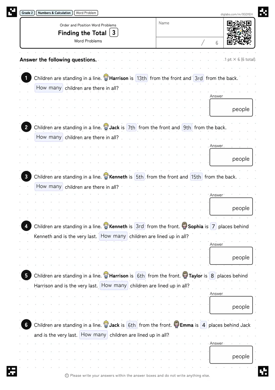 Grade 2 (Elementary School) Order and Position Word Problems Finding the Total