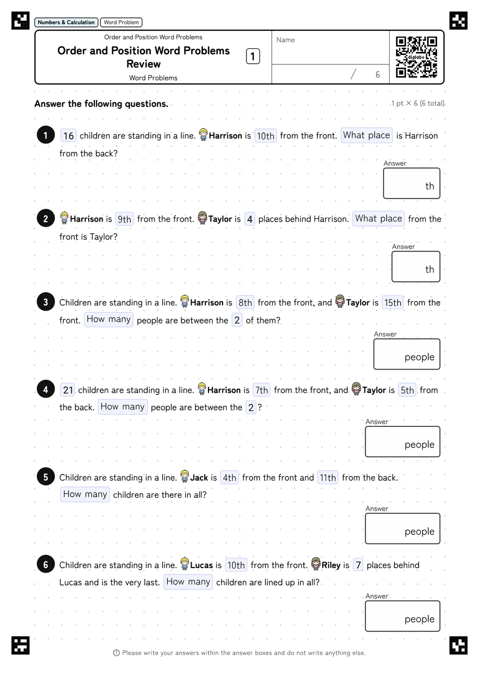 Order and Position Word Problems Review 1