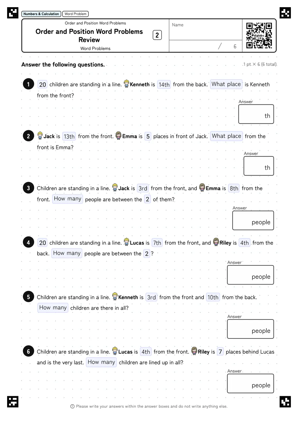 Order and Position Word Problems Review 2