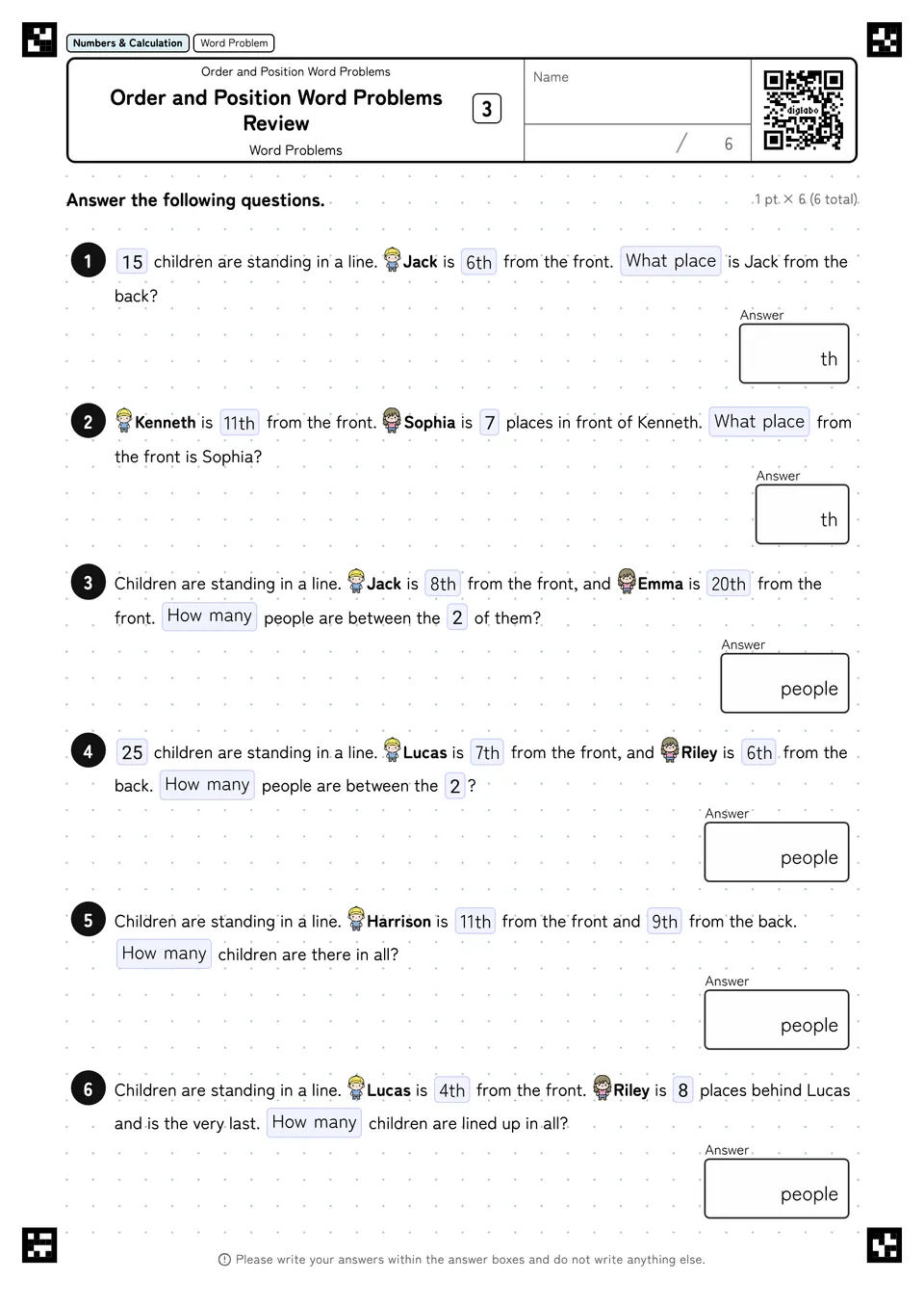 Order and Position Word Problems Review 3