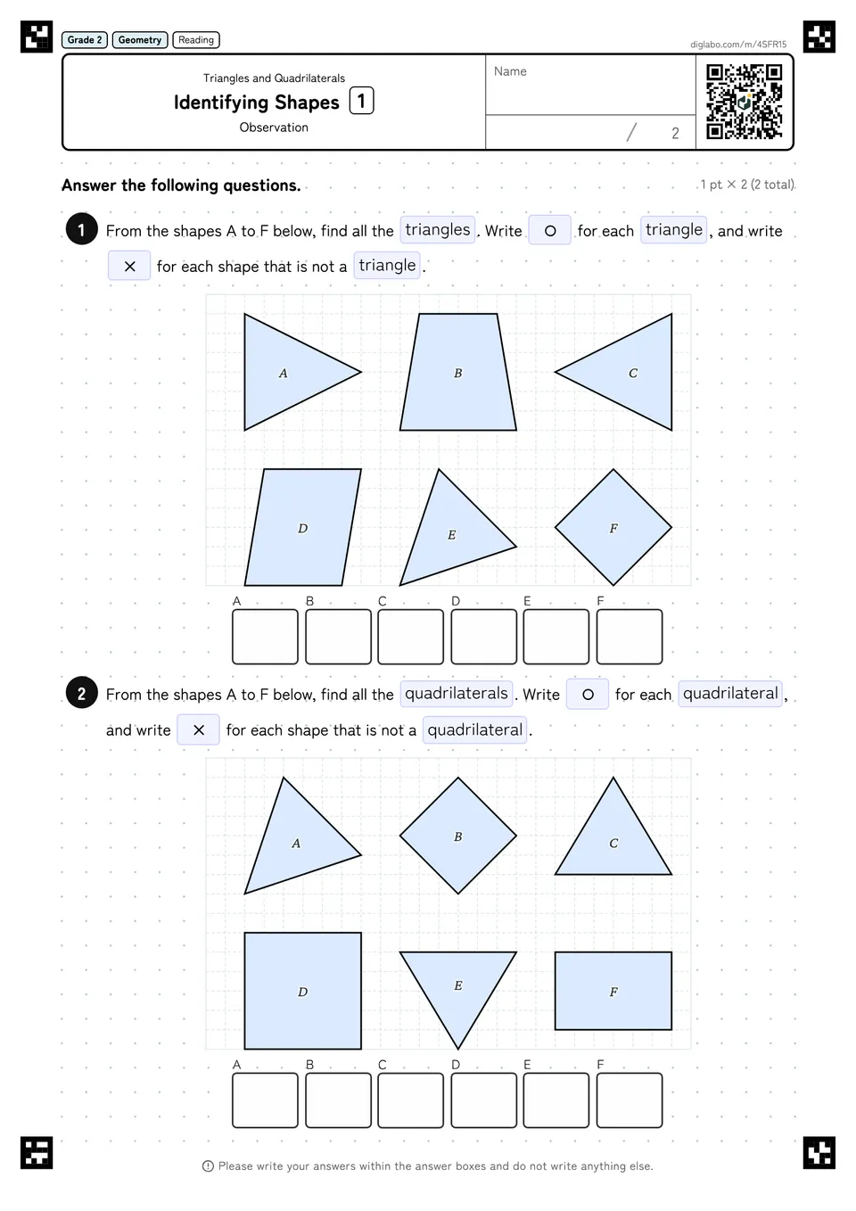 Grade 2 (Elementary School) Triangles and Quadrilaterals Identifying Shapes