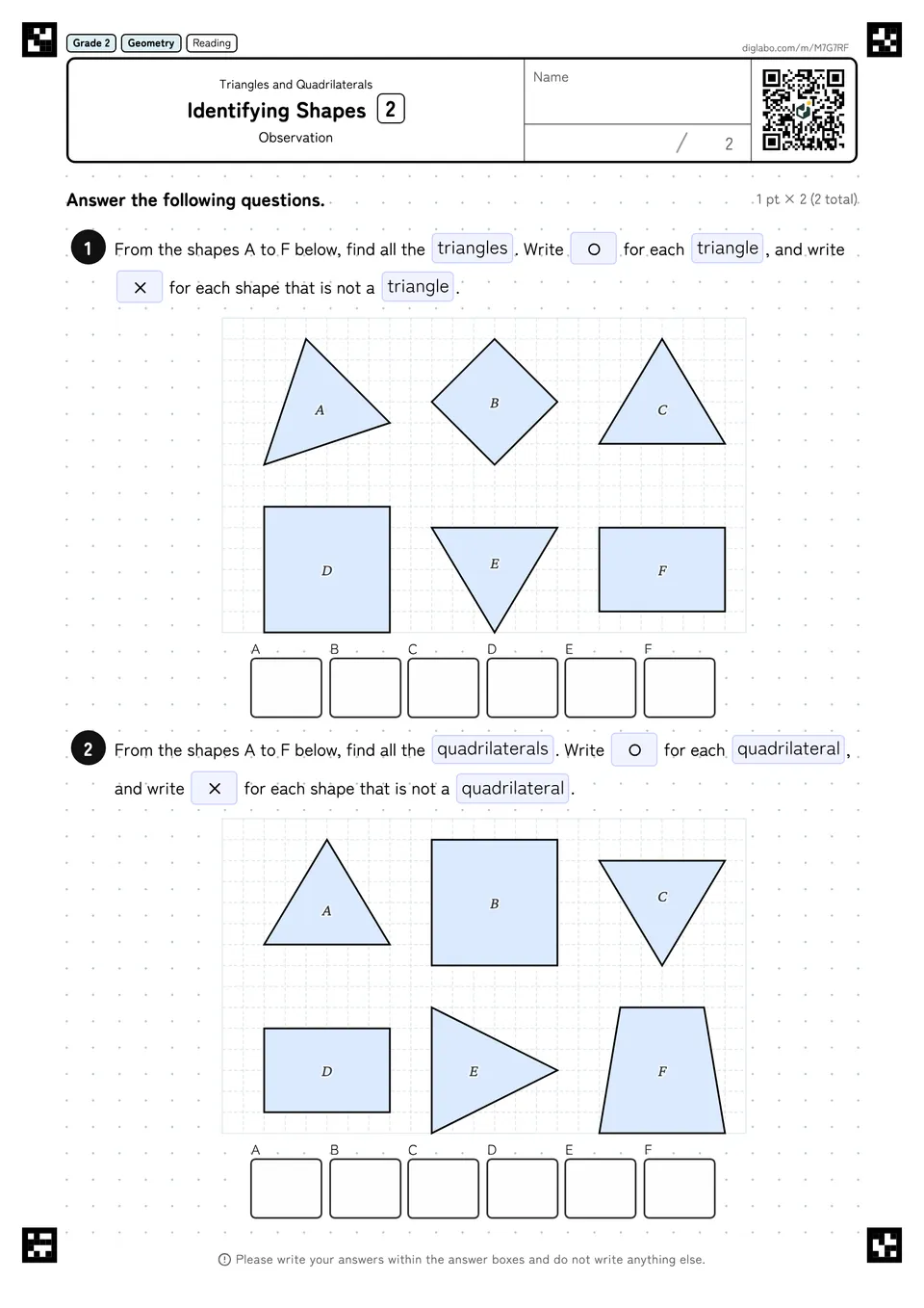 Grade 2 (Elementary School) Triangles and Quadrilaterals Identifying Shapes