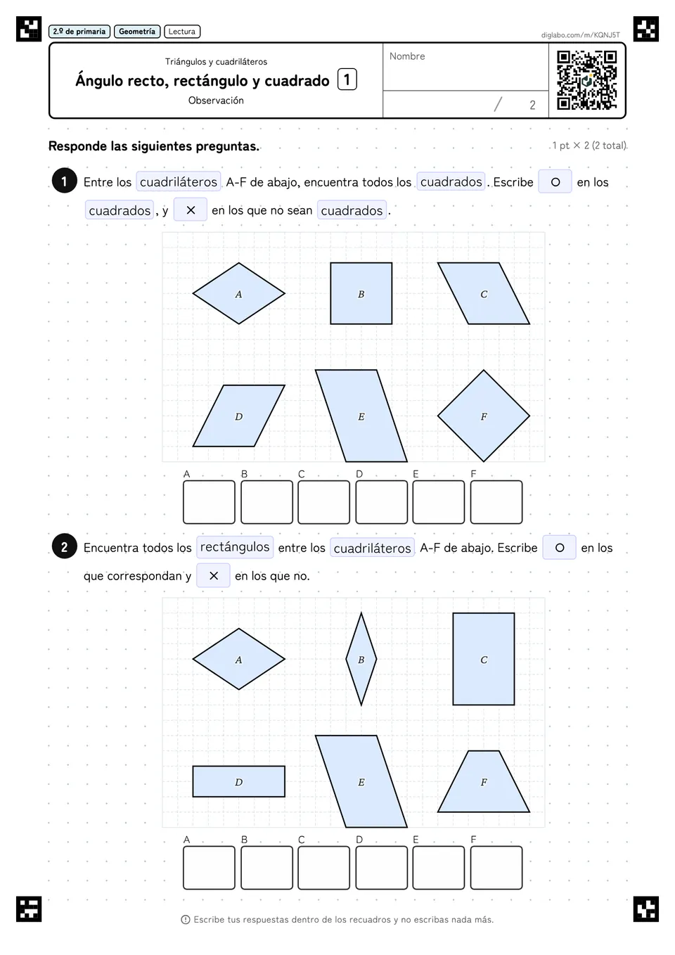 2.º de primaria Triángulos y cuadriláteros Ángulo recto, rectángulo y cuadrado