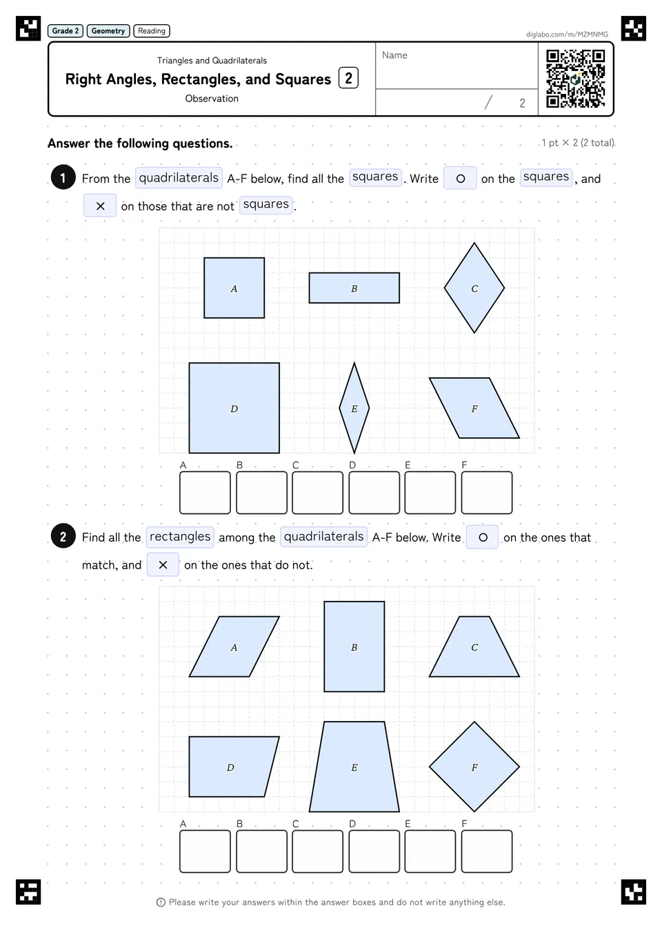 Grade 2 (Elementary School) Triangles and Quadrilaterals Right Angles, Rectangles, and Squares