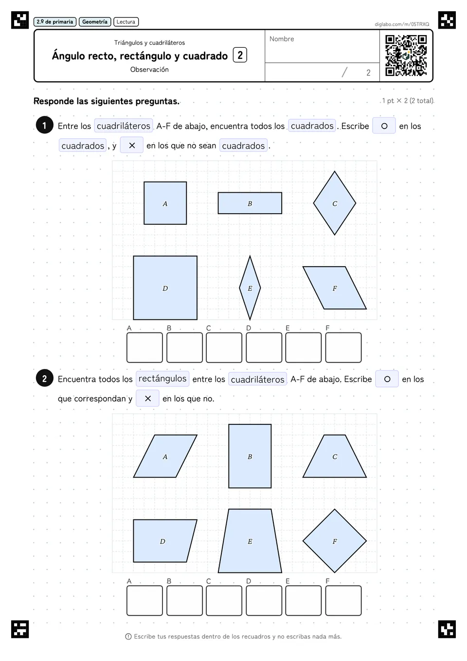 2.º de primaria Triángulos y cuadriláteros Ángulo recto, rectángulo y cuadrado