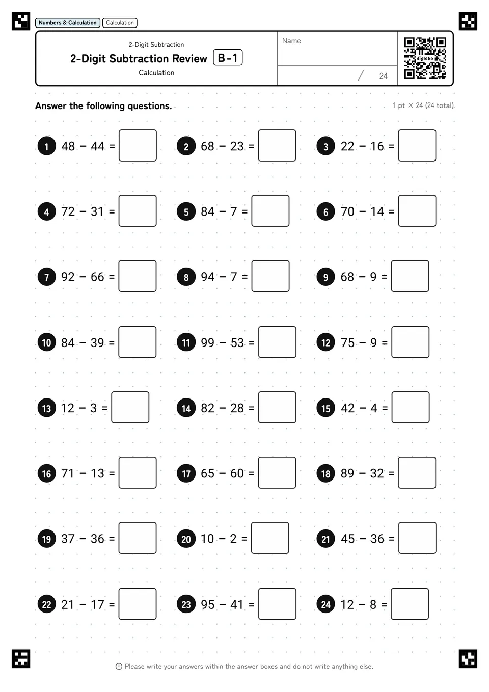2-Digit Subtraction Review B-1