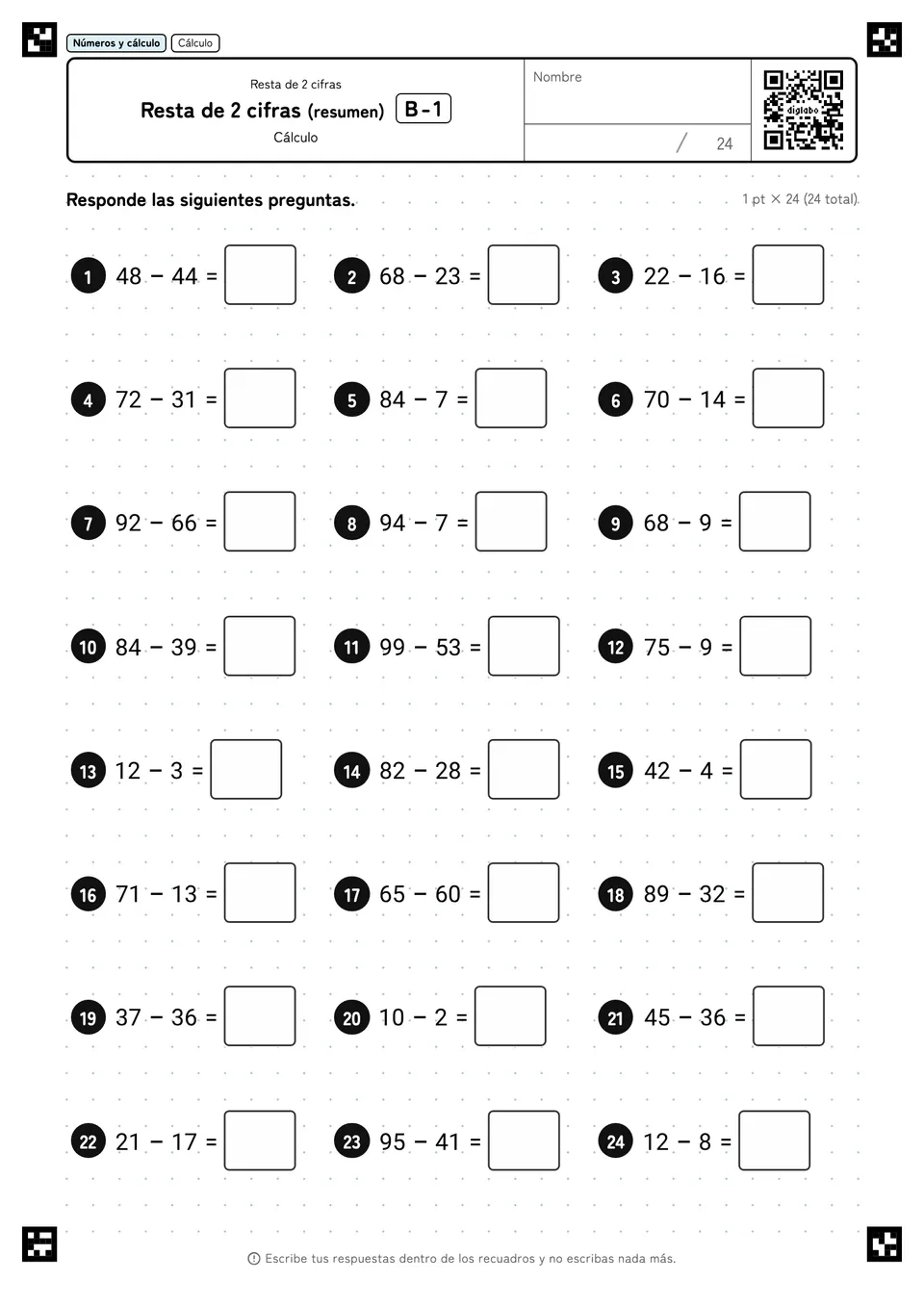 Resta de 2 cifras (resumen) B-1