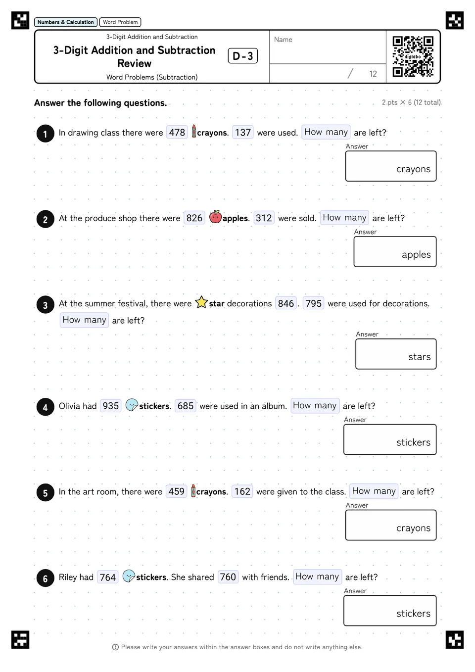 3-Digit Addition and Subtraction Review D-3