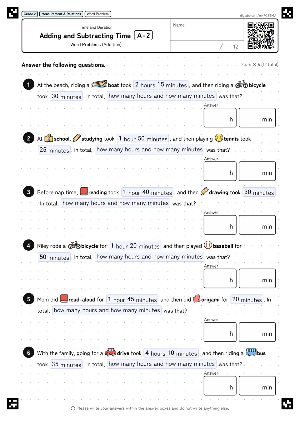 Grade 2 (Elementary School) Time and Duration Adding and Subtracting Time