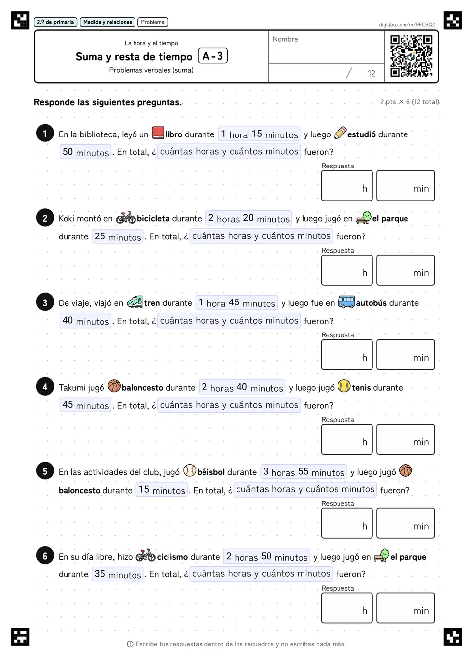 2.º de primaria La hora y el tiempo Suma y resta de tiempo