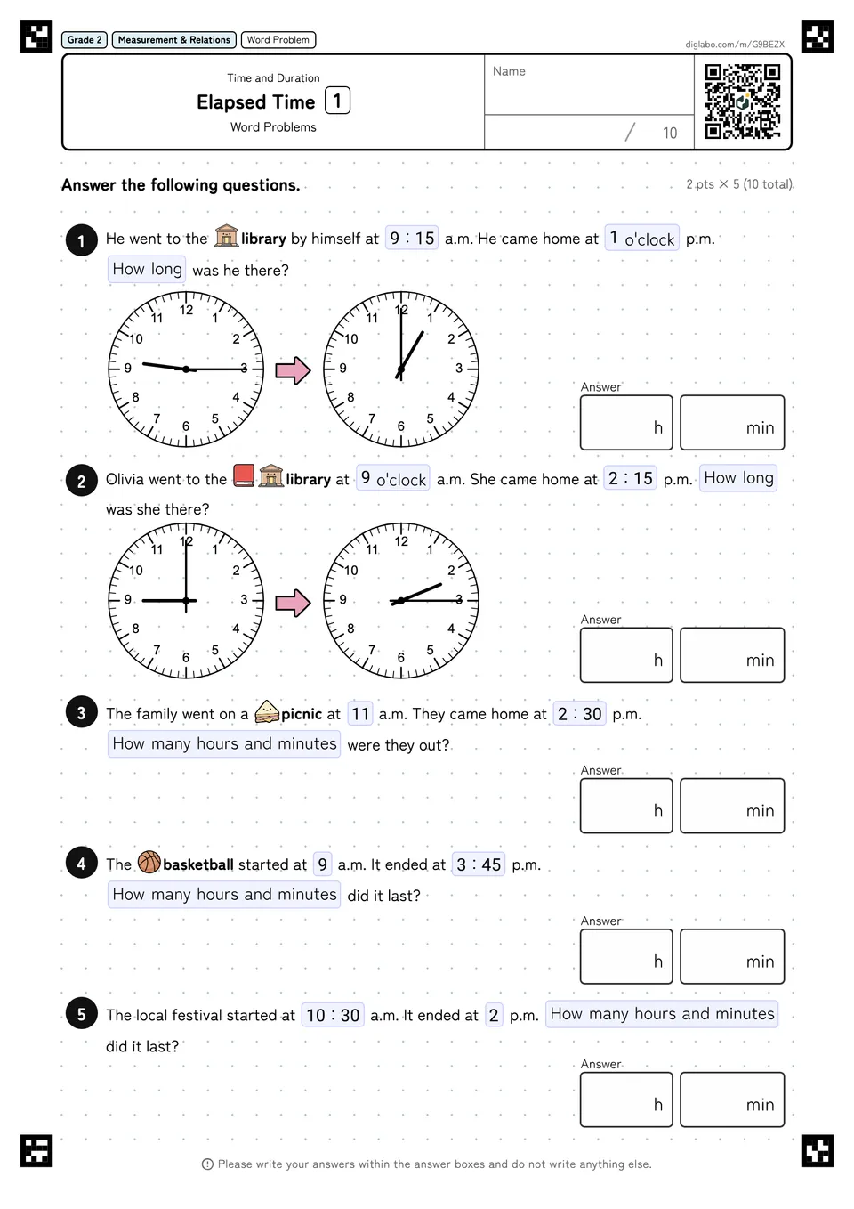 Grade 2 (Elementary School) Time and Duration Elapsed Time