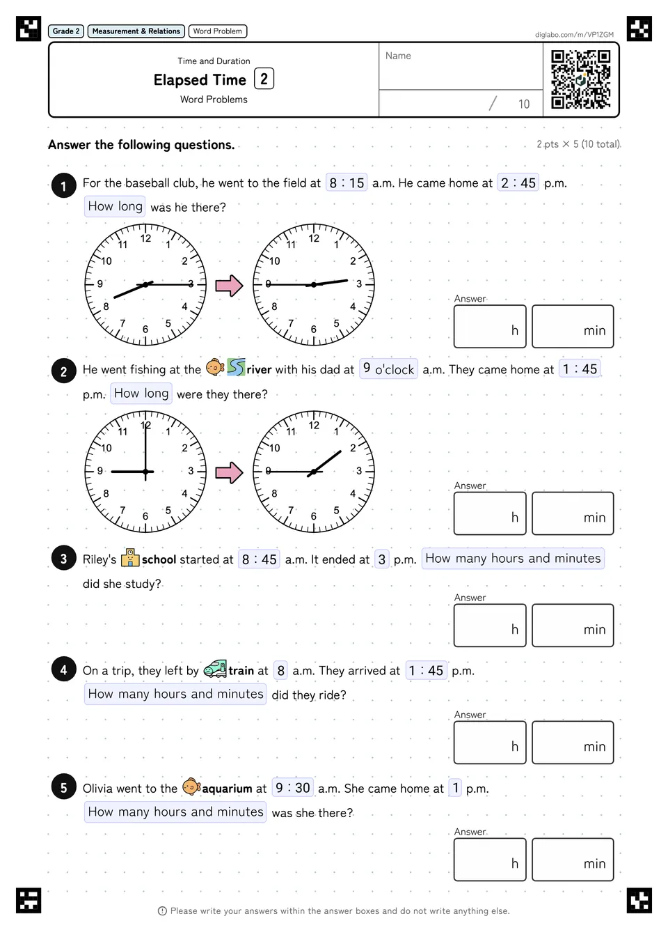 Grade 2 (Elementary School) Time and Duration Elapsed Time