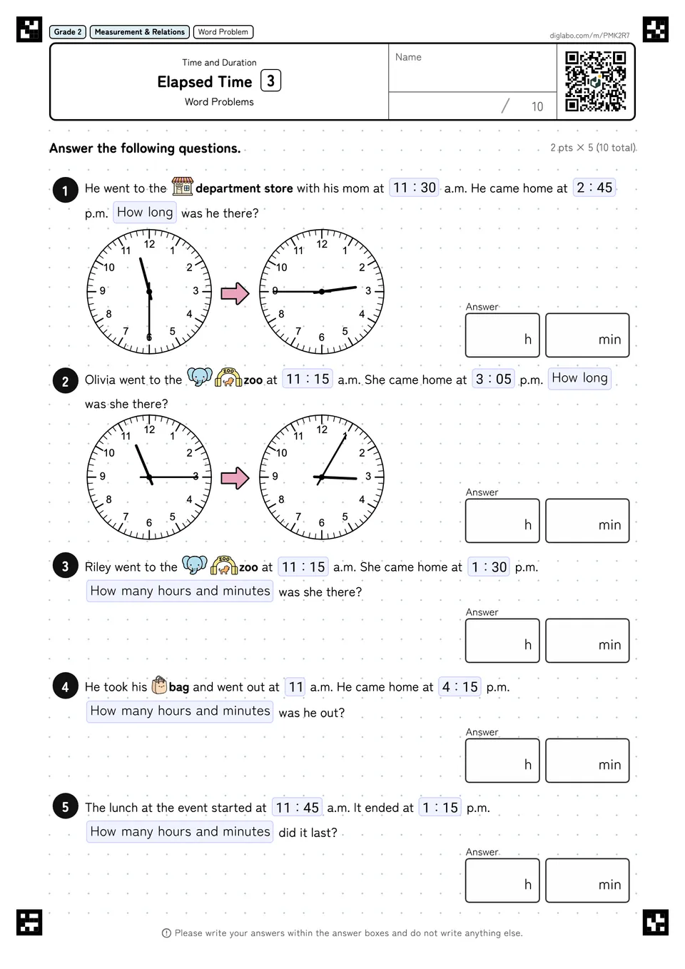 Grade 2 (Elementary School) Time and Duration Elapsed Time