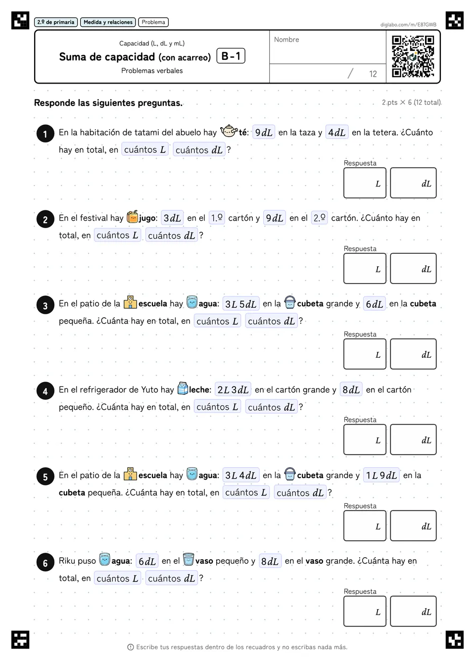 2.º de primaria Capacidad (L, dL y mL) Suma de capacidad (con acarreo)
