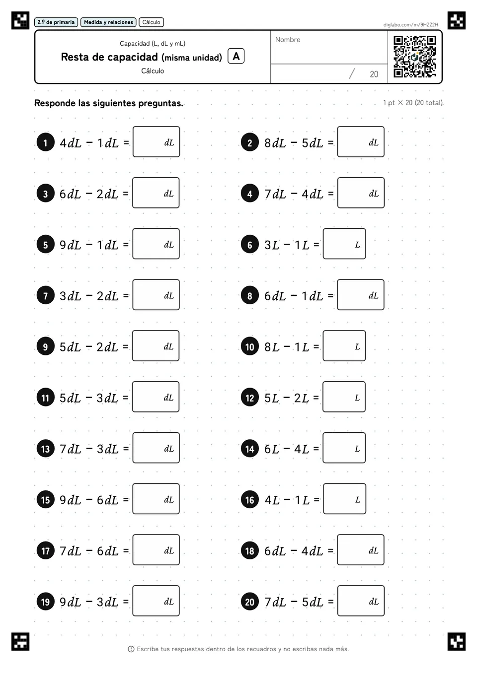 2.º de primaria Capacidad (L, dL y mL) Resta de capacidad (misma unidad)