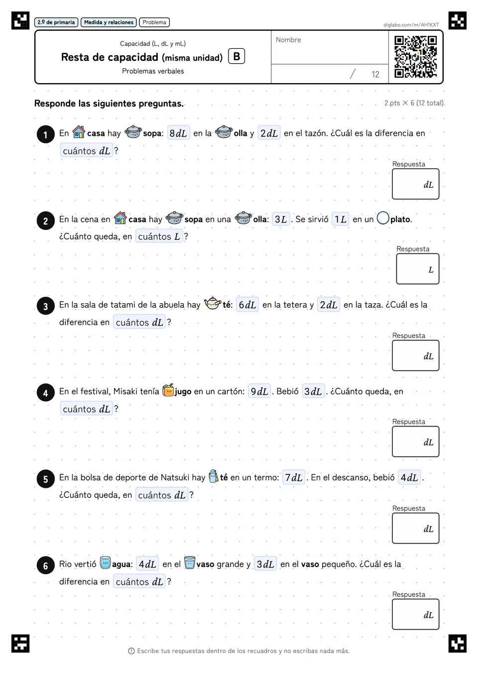 2.º de primaria Capacidad (L, dL y mL) Resta de capacidad (misma unidad)