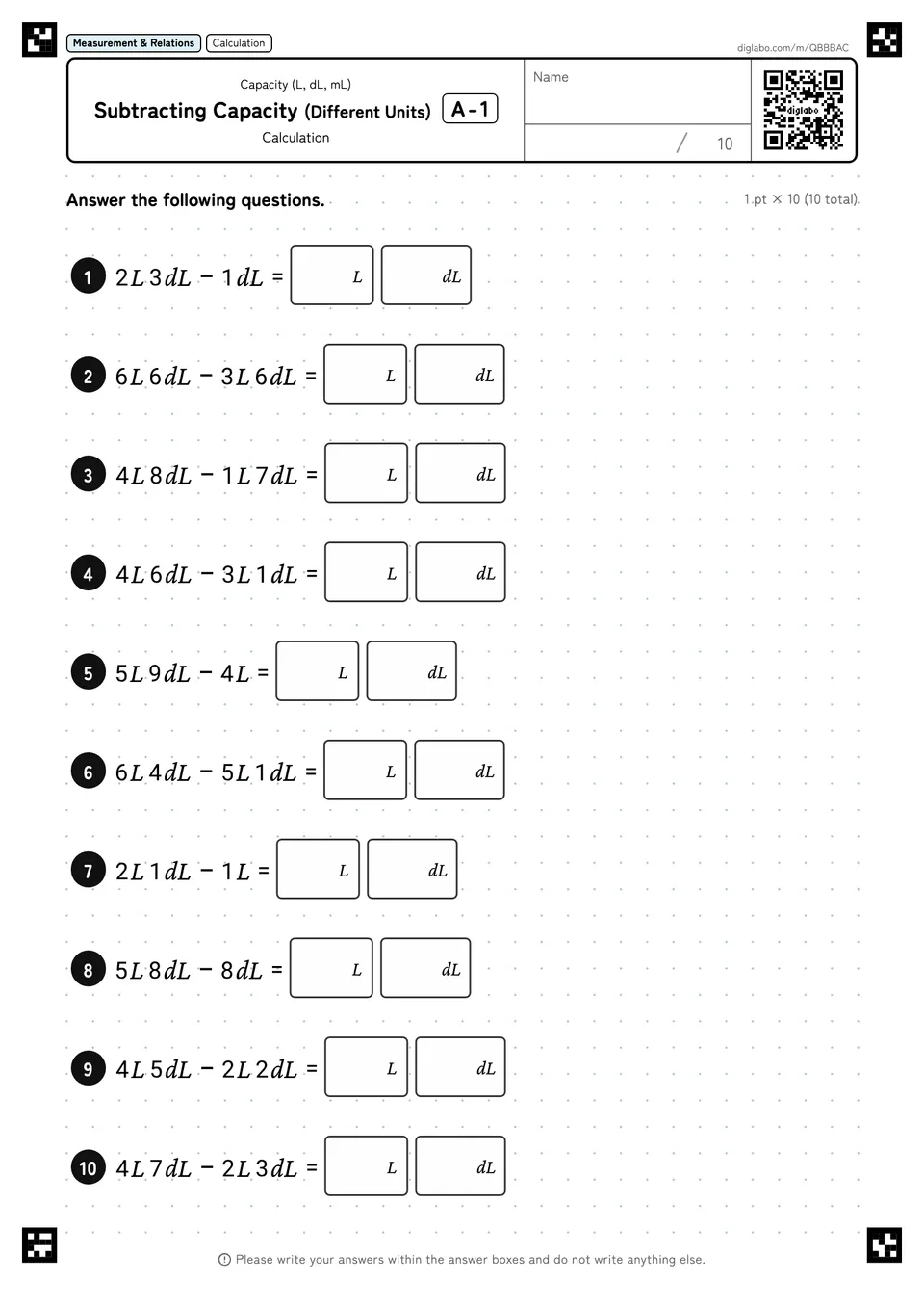 Subtracting Capacity (Different Units) A-1